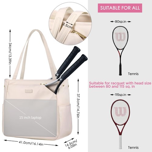 CHICECO Tennis Tote Bag for Women, Large Tennis Racket Bag, 2 Racket Capacity, Beige