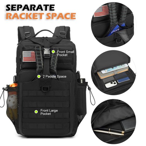 BISKLNDN Pickleball Backpack for Men and Women, Tactical Pickleball Paddle Bag with Molle System Design, Multi-Functional Pickleball Bag for Pickleball Lovers, Black
