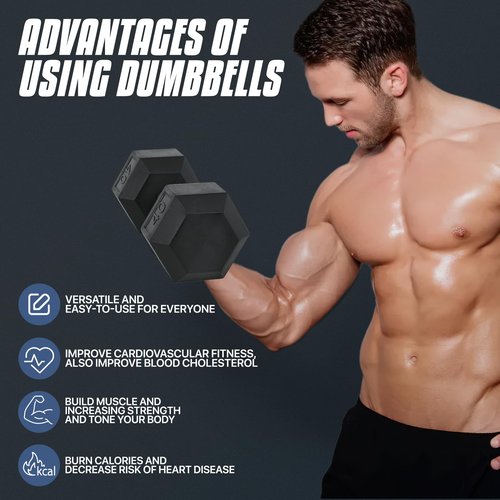 MADOG Hex-Dumbbell, Rubber Coated Cast Iron Dumbbell, Hand Weights With Anti-Slip Grip, 30-50 LBS, Single