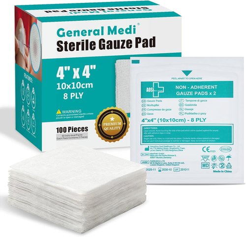 General Medi Sterile Gauze Pads - Individually Wrapped 4" x 4" Wound Care for Cuts & Burns | 50 Packs (100 Total)