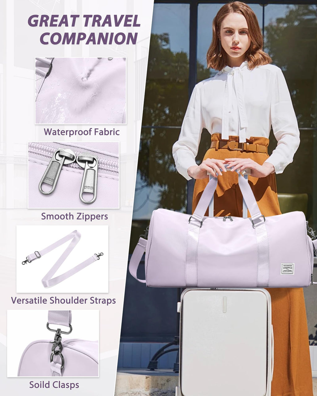 Travel Duffle Bag,Weekender Overnight Bags for Women with Shoes Compartment,Tote Gym Bag Personal Item Carry On Bag for Travel Business Trips Sport Hospital Dance Purple