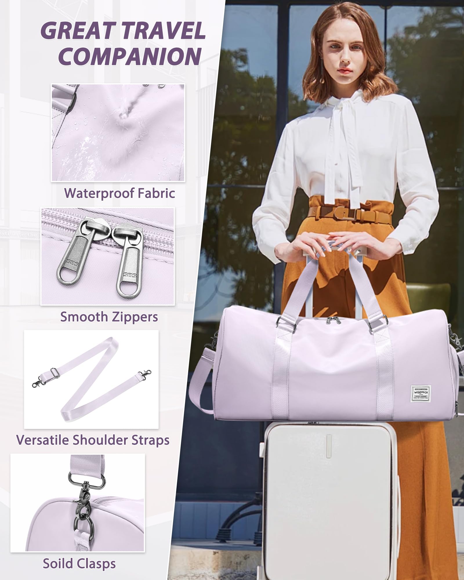 Travel Duffle Bag,Weekender Overnight Bags for Women with Shoes Compartment,Tote Gym Bag Personal Item Carry On Bag for Travel Business Trips Sport Hospital Dance Purple
