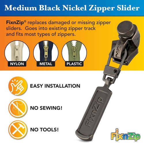 FixNZip Medium Black Nickel Zipper Repair Kit - Universal No-Sew Slider Replacement for Jackets, Tents & More | Instant Reusable Tool | Sizes 5-7