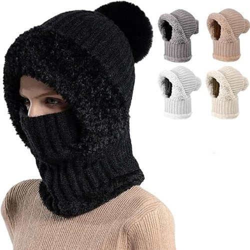 3 in 1 Beanie Hat for Women, Upgrade Beanie Hat with Scarf and Mask, Winter Warm Knitted Ski Scarf&Mask Set, Wind Resistant Hooded Scarf Hats, Thick Plush-Lined Warm Hats for Women (Black)