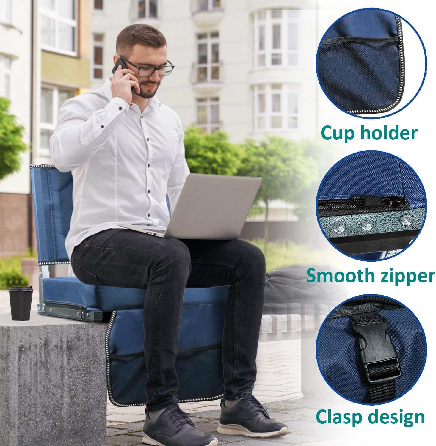 Skiennix Comfortable Stadium Seats - Cushioned Back Support & Storage Pockets | 2-Pack, Blue