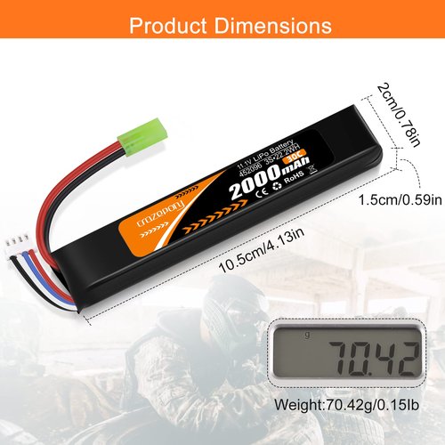 Crazepony 11.1V Airsoft Battery, 3S Rechargeable LiPo Battery 2000mAh 30C with Mini Tamiya Connector JST XH Connector for Model Airsoft Rifle
