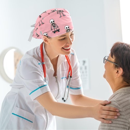 Surgical Cap Bouffant Working Cap for Women, Skeleton Pink Pattern Scrub Caps Nurse Hat with Button Sweatband