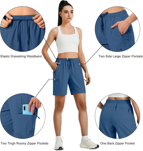Hugut Women's Quick-Dry Hiking Cargo Shorts - Lightweight, Water-Resistant with Zipper Pockets | Ideal for Camping & Travel