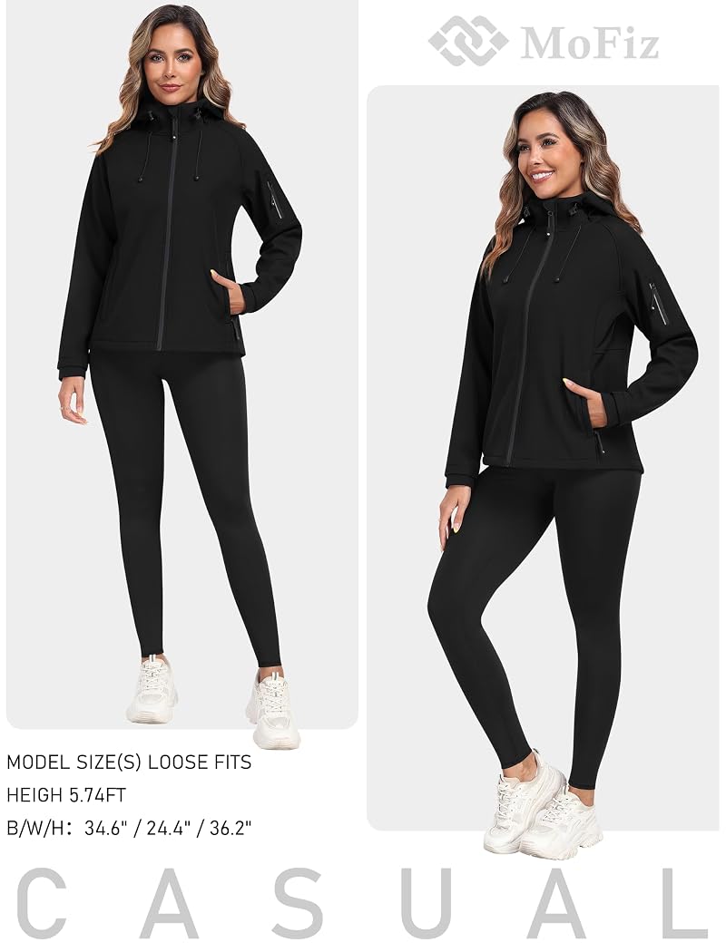 MoFiz Women's Fleece-Lined Softshell Jacket - Lightweight Insulated Warm Coat, Black, Large
