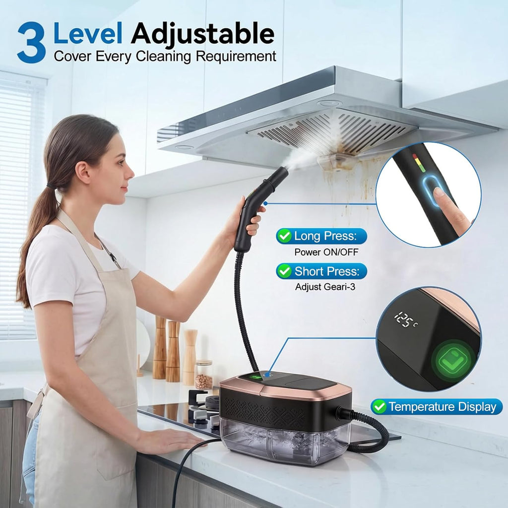 Skiennix Steam Cleaner - 3 Level Adjustable Pressurized Handheld Steamer | 10s Heat-Up, 1.9 Qt Tank for Home & Car Cleaning