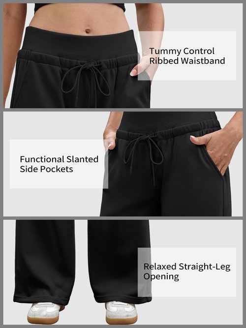 ELLEVEN Wide Leg Sweatpants Women Lounge Baggy Joggers Low Rise Y2K Sweat Pants Straight Leg Drawstring Fall Fashion Workout Athletic Pants with Pockets Black Medium