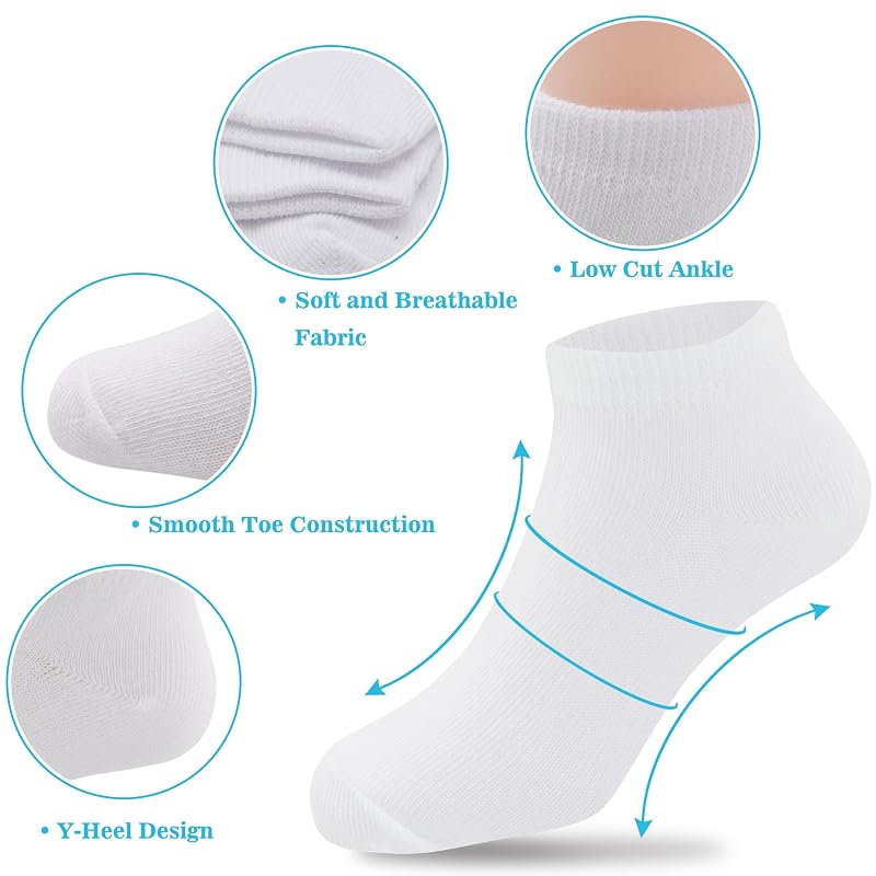 Duufin 12 Pairs White Kids Ankle Socks, Low Cut Unisex 10-15 Years - Variation White+10-15 Years