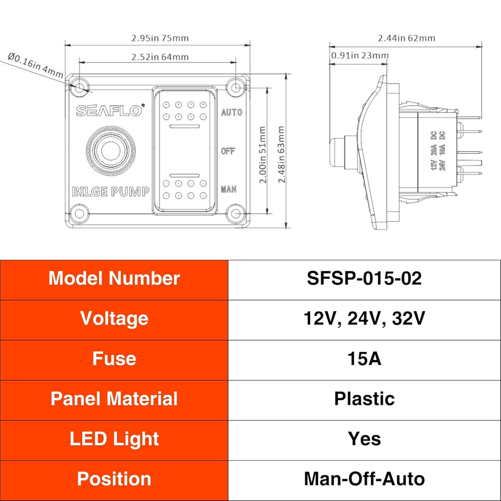 SEAFLO 3-Way Bilge Pump Switch Panel - Automatic, Off, Manual | 12V/24V with 15A Circuit Breaker