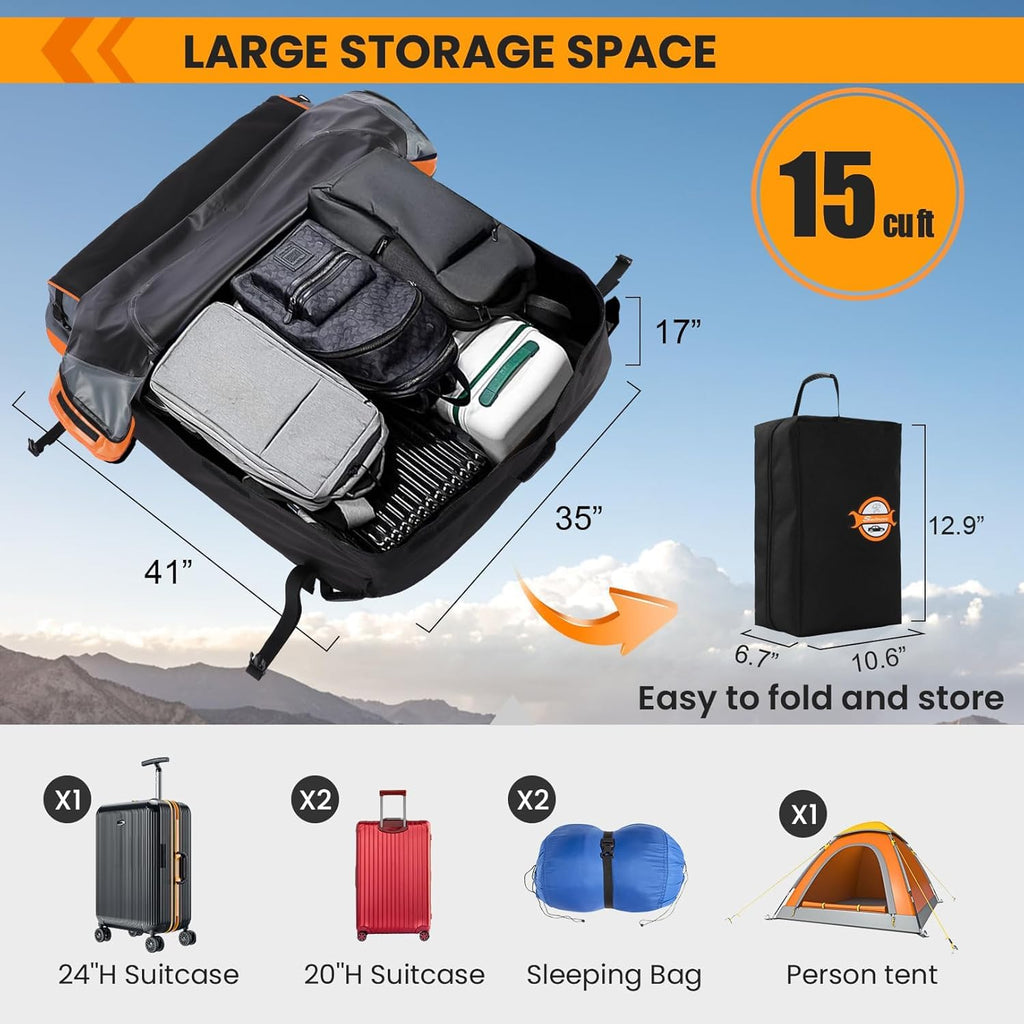 Sailnovo Car Rooftop Cargo Carrier Roof Bag, 15 Cubic Feet Waterproof Rooftop Cargo Carrier Bag, Fit Car with Without Luggage Rack - Cartop Carrier Bag with Tie-Down Strap, Safety Hook