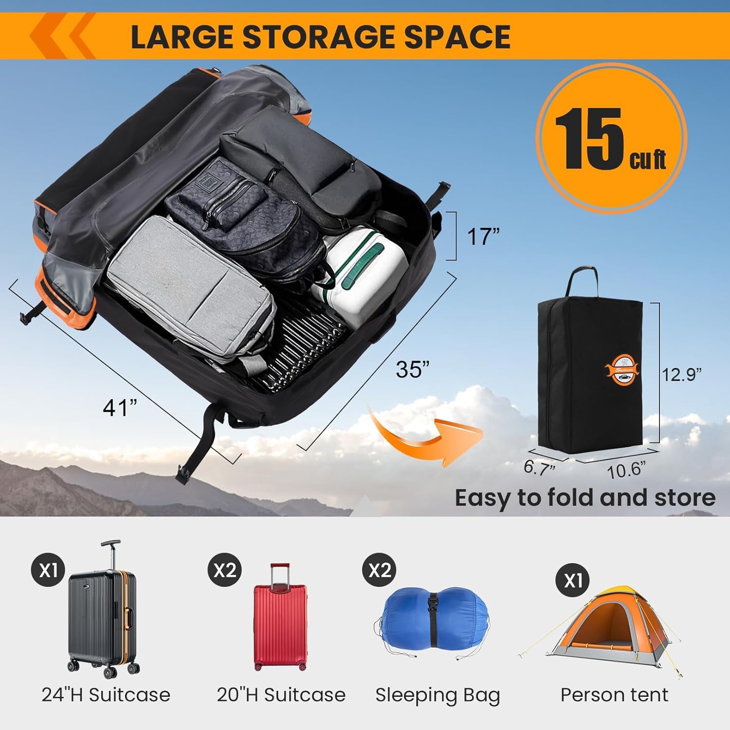 Sailnovo Car Rooftop Cargo Carrier Roof Bag, 15 Cubic Feet Waterproof Rooftop Cargo Carrier Bag, Fit Car with Without Luggage Rack - Cartop Carrier Bag with Tie-Down Strap, Safety Hook