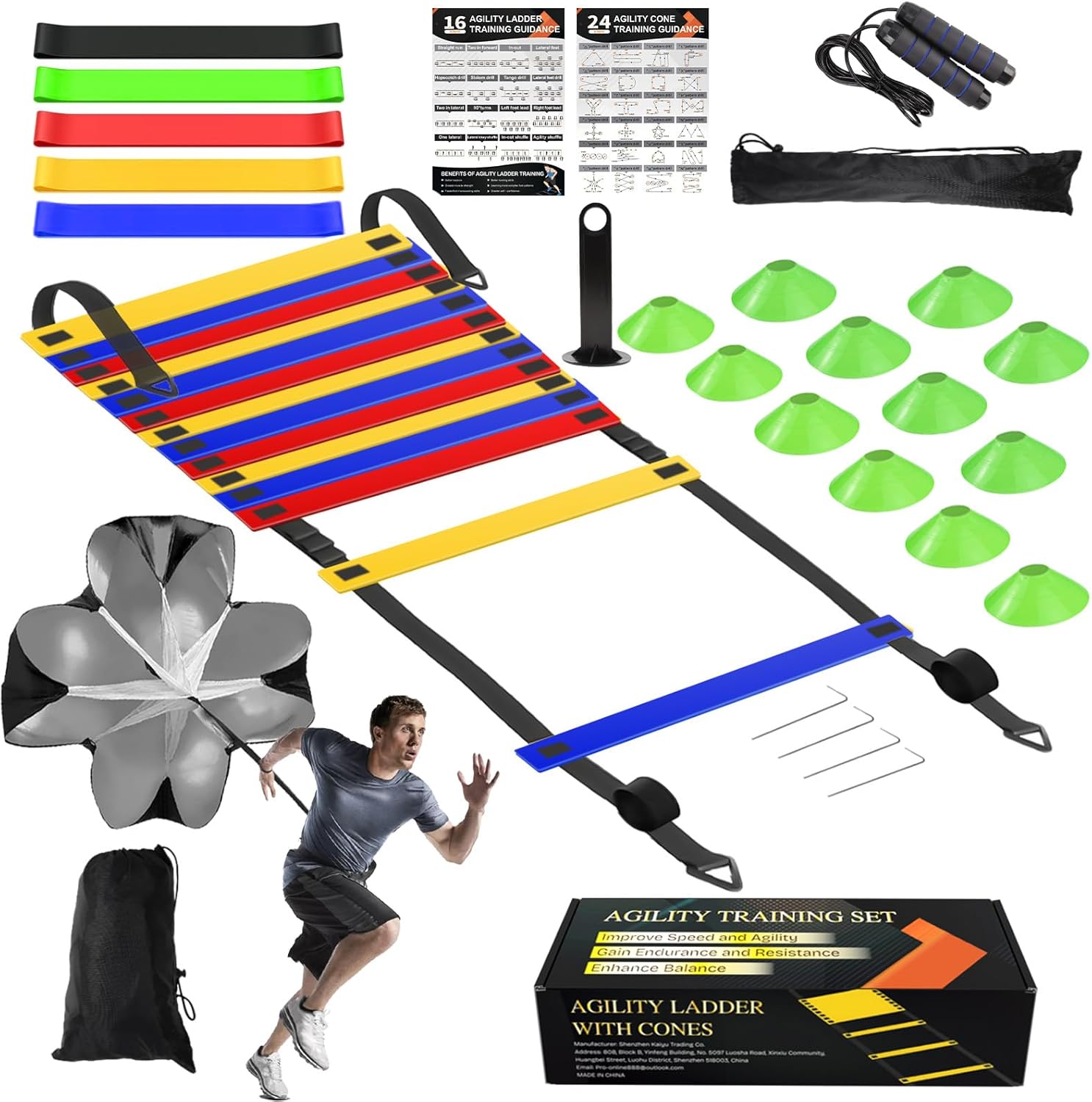Speed Agility Training Equipment Set - 20ft Agility Ladder, 12 Cones, Resistance Parachute & More for Kids & Adults