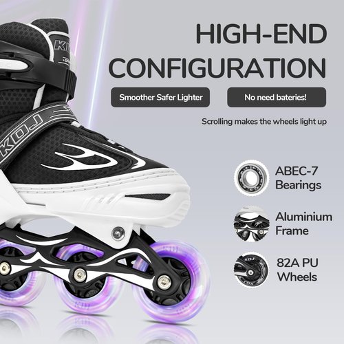 Inline Skates for Kids, Adjustable Roller Skates with 4 Illuminating Pu Wheels, Outdoors Indoors Roller Skates for Kids Boys Girls Beginners (White-F, Medium - Big Kids (1-4 US)