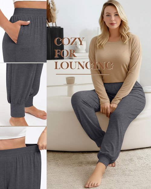 Evervibe 3 Pack Women's Plus Size Yoga Joggers, Comfy High Waisted Lounge Pants Loose Casual Sweatpants Pajama with Pockets(Navy, Dark Gray, Black,3X-Large)