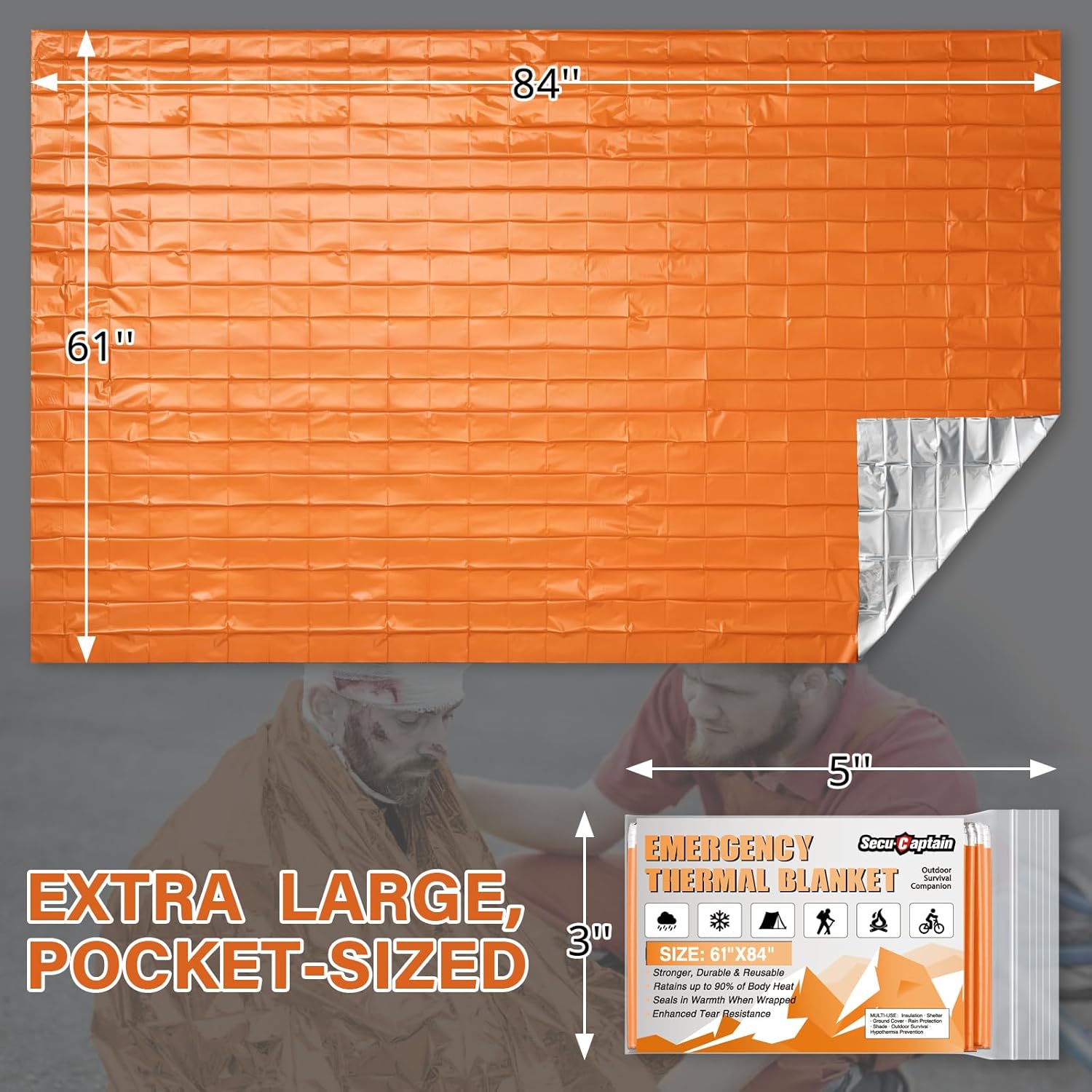 SecuCaptain Emergency Thermal Blankets - Thick 28um Mylar Kit for Cold Weather Camping | 4 Pack Orange