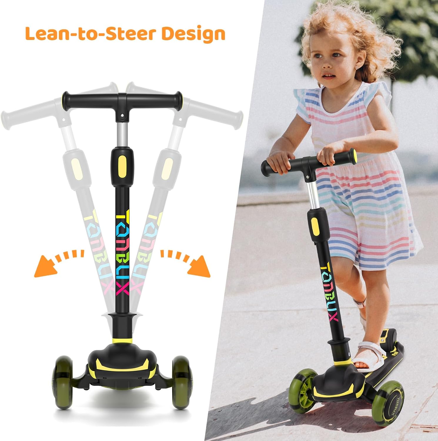 TONBUX Kids Scooter - Light Up 3-Wheel Kick Scooter for Ages 3-12 | Adjustable Height & Anti-Slip Deck