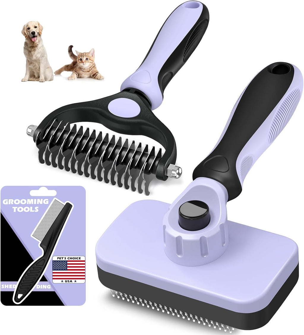 Skiennix Self-Cleaning Slicker Brush Set - Pet Grooming Rake & Flea Comb for Dogs, Cats, Horses | Light Purple
