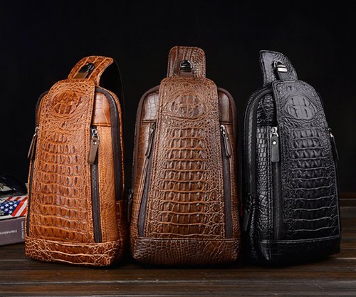FiveloveTwo Mens Sling Bags Crocodile PU Shoulder Crossbody Chest Bag Satchels Hiking Daypack Dark Brown