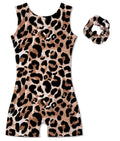 Vogseek Gymnastics Leotards for Girls Size 7 8 Brown Fashio Leopard Biketrad Sets with Hair Scrunchie Quick Dry Shiny Diamonds Classic Cute Ballet Dancewear for Tumbling