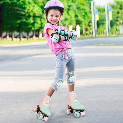 Buric Roller Skates for Girl and Women, PU Leather Kids Roller Skates Light Up, Fantasy High-top Adjustable Four Wheel Beginner Roller Skates Girls Ages 8-12 for Indoor Outdoor (Green Pink 32)