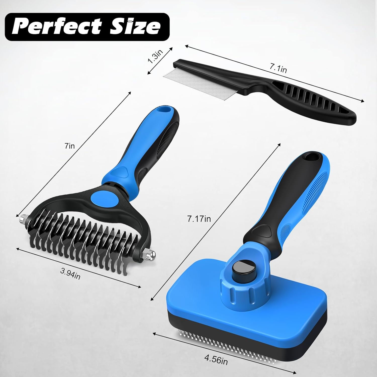 Skiennix Self-Cleaning Slicker Brush Set - Pet Grooming Rake & Flea Comb for Dogs, Cats & Horses | Blue