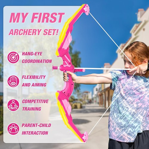 HYES Bow and Arrow Set for Kids - LED Light Up Archery with 24 Suction Cup Arrows & Targets | Ages 4-12