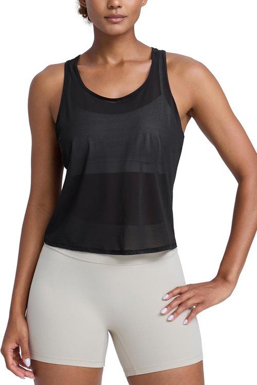 CRZ YOGA Mesh Workout Tank Tops for Women - Breathable Sheer Scoop Neck Sleeveless Summer Shirt