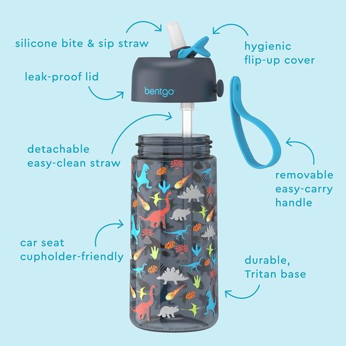 Bentgo Kids Water Bottle - Leak-Proof, Durable Tritan, BPA-Free 15 oz. for Kids | Bite & Sip Spout, Dishwasher Safe, Dinosaur Design