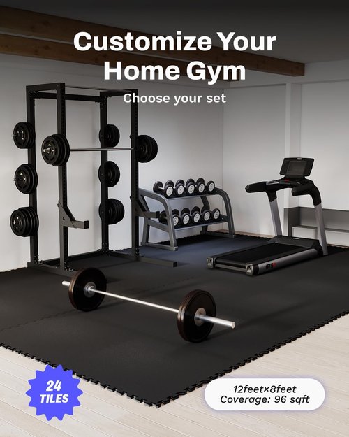 AIRHOP Exercise Equipment Mats - 0.56in Thick Interlocking Tiles | 96 Sq Ft Heavy-Duty Rubber & EVA Foam, Black