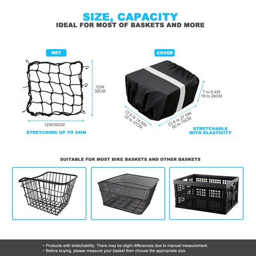 MATTISAM Waterproof Bike Basket Rain Cover and Bungee Cargo Net - Elastic Bicycle Basket Liner with Reflective Strip, Fits Most Bikes (Black, Medium-60L)
