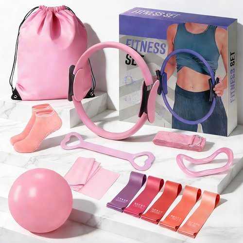 SUOOCH Pilates Ring Set for Women, Pilates Equipment Set, Pilates Kit for Home Workouts with Resistance Bands, 12'' Magic Circle, Mini Ball, Toning and Flexibility, Non-Slip Socks, 13 Pack, Pink