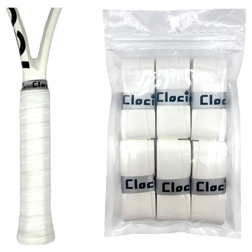 Clocime Anti Slip Tennis Overgrip, Racket Grip Tape for Tennis, Padel, Badmintion, Pickleball Racket, 6-Pack (White-T)