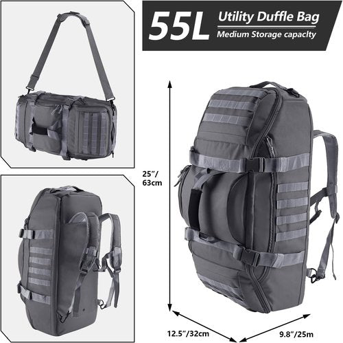 Hannibal Tactical 55L Duffle Bag - Versatile 3-in-1 Tactical Backpack for Sports & Outdoor Activities | Grey