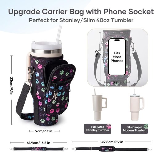 Linmaya Water Bottle Carrier Bag - Insulated Neoprene Holder with Phone Pocket | Adjustable Strap for Stanley Cup 40/30oz (Black Paw)