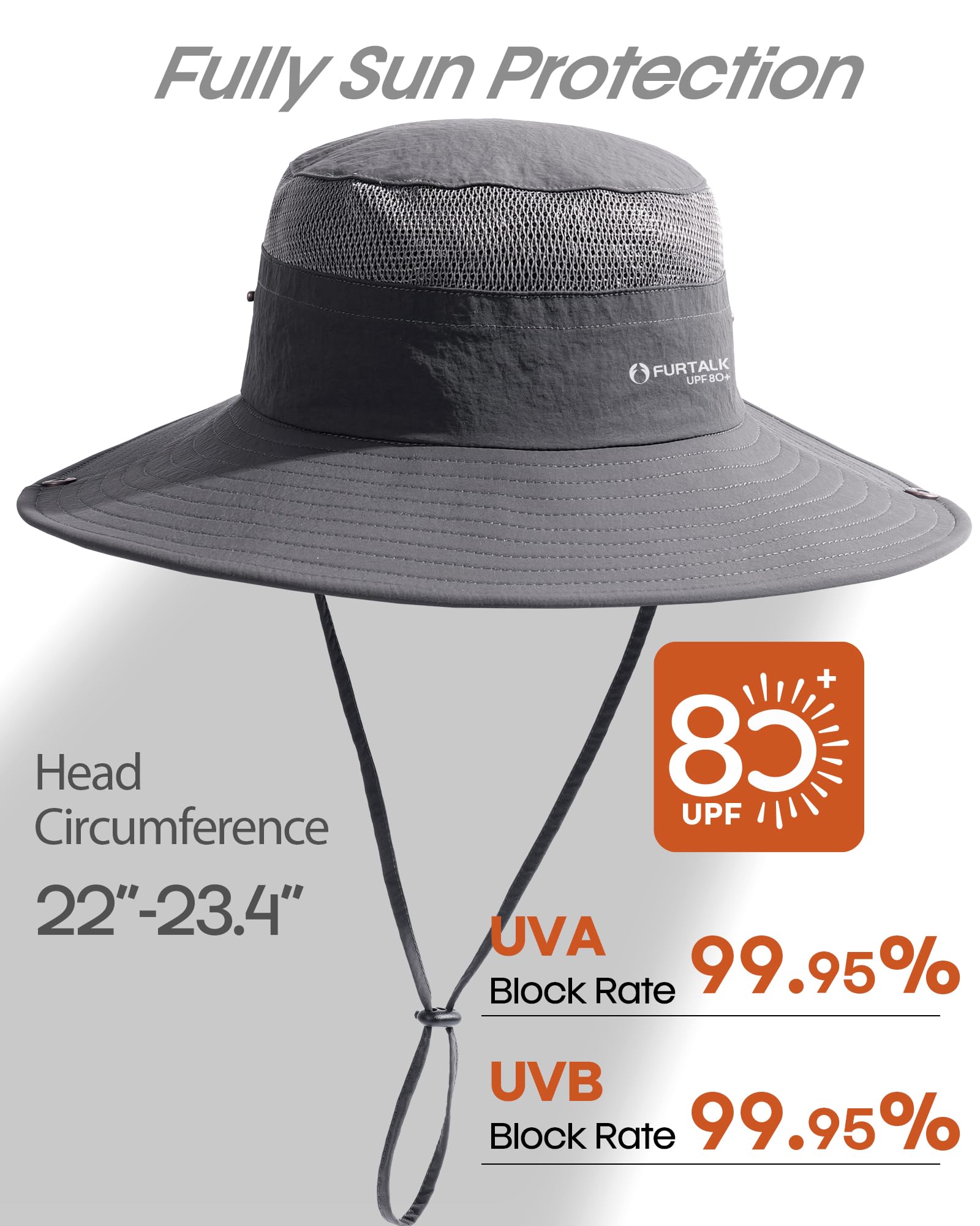 FURTALK Sun Hats for Men Women Fishing Hat UPF 80+ Breathable Wide Brim Hiking Summer UV Protection Bucket Hats Dark Grey