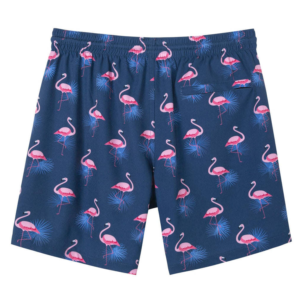 SURF CUZ Mens Swim Trunks with Compression Liner Quick Dry Swim Shorts 7" Swimming Trunks Stretch Zipper Pockets,Sunny Flamingos,L