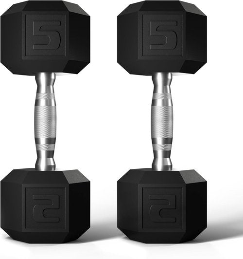 GRETERST Hex Dumbbells Set - Rubber Coated Hand Weights for Home Gym Workouts | Set of 2, 5LB, Black