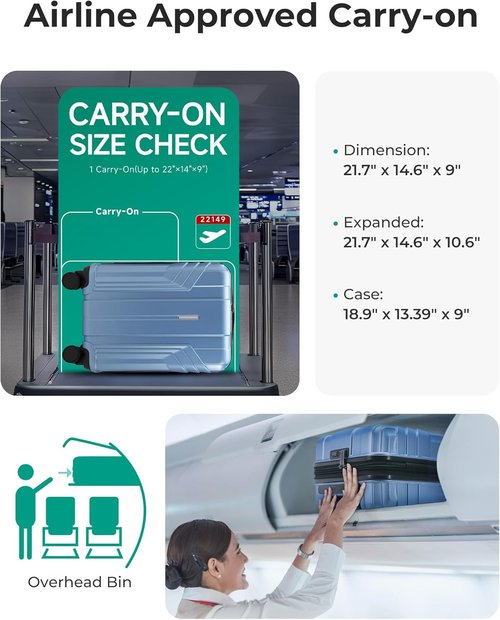 BAGSMART 20-Inch Expandable Carry-On Luggage - Lightweight Hard Shell, Airline Approved, Waterproof, Blue