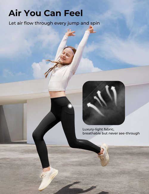 PATPAT Girls Athletic Leggings with Pocket, Buttery-Soft & Ultra-Stretchy Yoga Pants for Running Dance Workout Casual, Skinny-Bottom (Regular), Black, US10/M