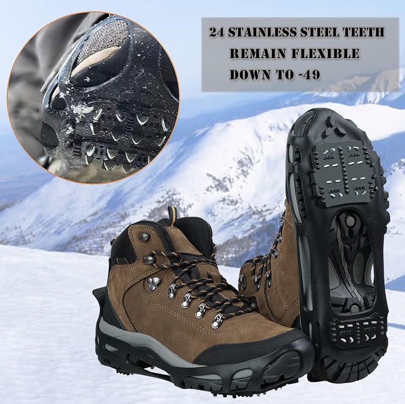 Ice Snow Traction Cleats Crampons Anti-Slip Snow Shoes for Men Women 24 Steel Crampons XL (10.5-13 / 11.5-14)