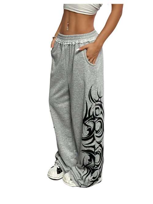 SOLY HUX Women's Y2k Baggy Sweatpants Wide Leg Graphic Grunge Goth 2000s Emo Pants Streetwear with Pockets Light Grey Graphic Medium