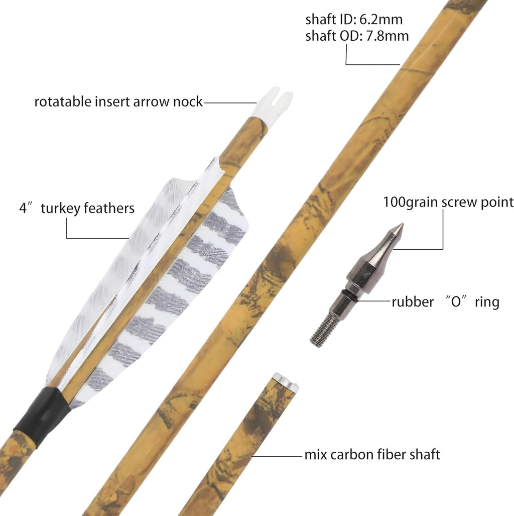 ZSHJGJR 30” Carbon Hunting Arrows - 4” Turkey Feather Tips for Compound & Recurve Bows | 6 or 12 Pack