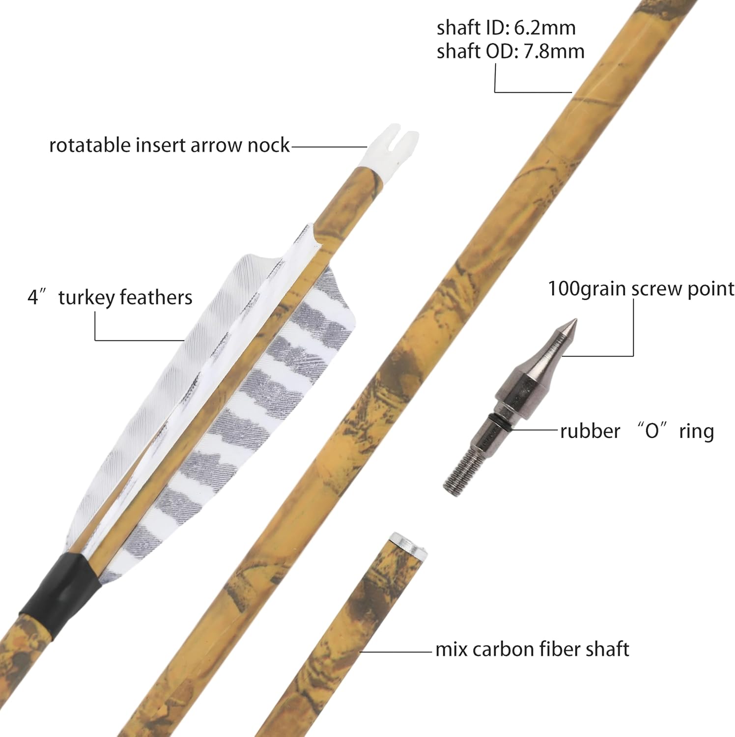 ZSHJGJR 30” Carbon Hunting Arrows - 4” Turkey Feather Tips for Compound & Recurve Bows | 6 or 12 Pack