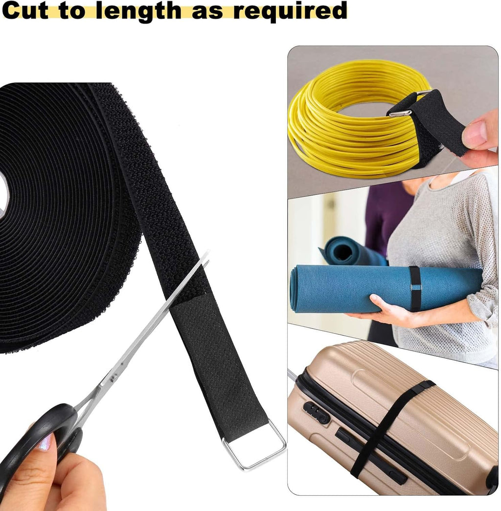 YMCRLUX Hook and Loop Straps - 1"x16ft Adjustable Fastening with 25 Metal Buckles | Black Nylon Storage Ties