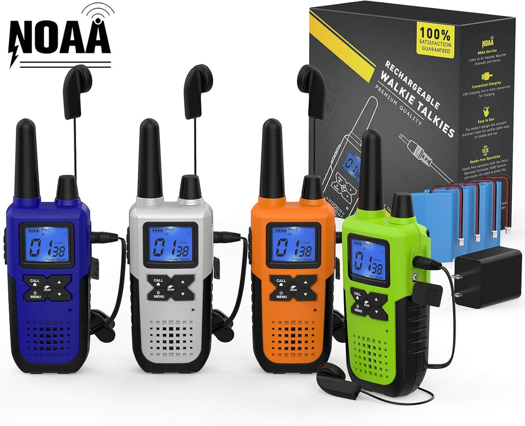 Topsung Walkie Talkies - Long Range Rechargeable 2-Way Radios with Earpiece | NOAA Weather Alert - 4 Pack for Family Adventures