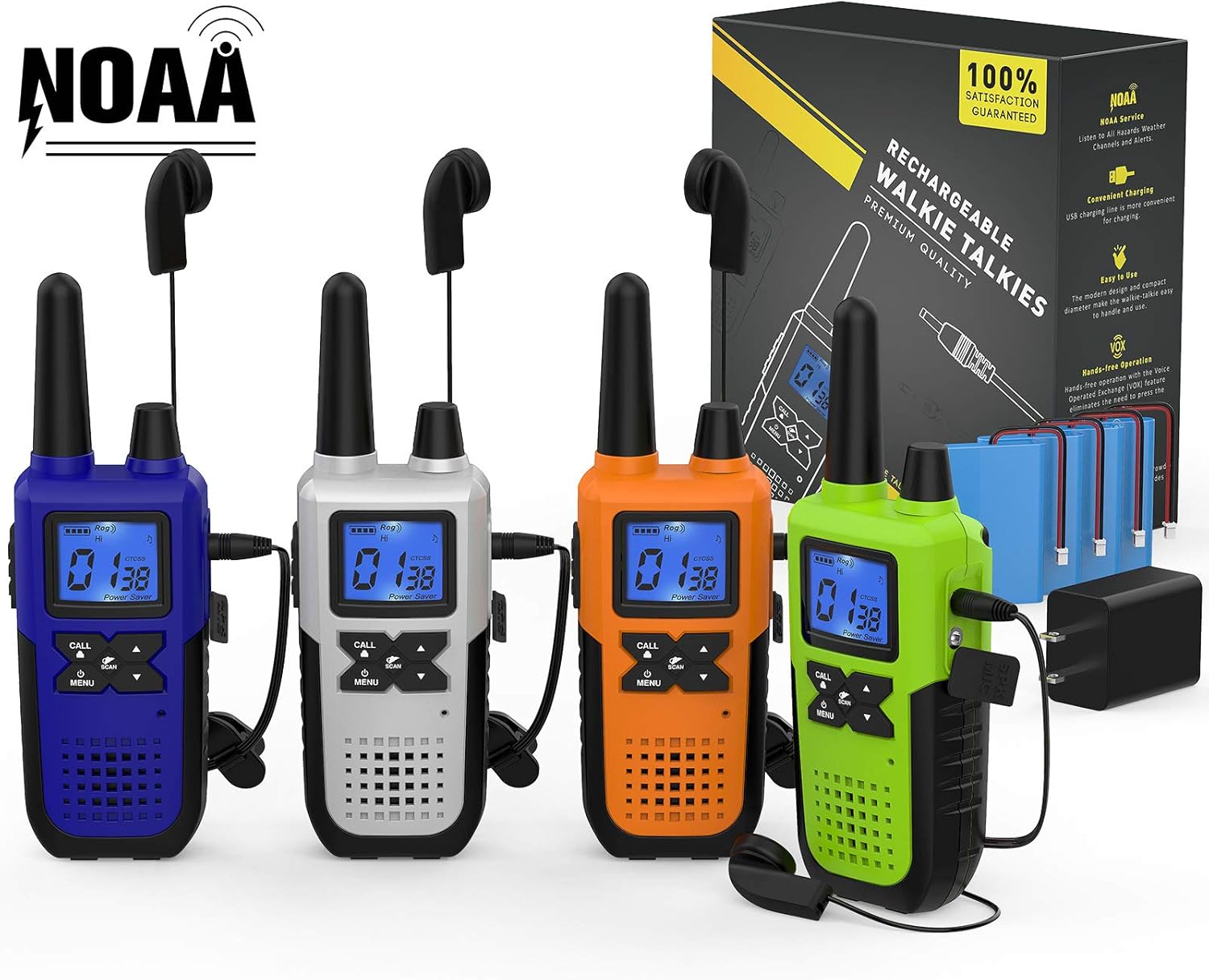 Topsung Walkie Talkies - Long Range Rechargeable 2-Way Radios with Earpiece | NOAA Weather Alert - 4 Pack for Family Adventures